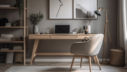 Fototapeta na wymiar Modern home office with elegant wood desk, comfortable armchair, and bookshelf generated by AI