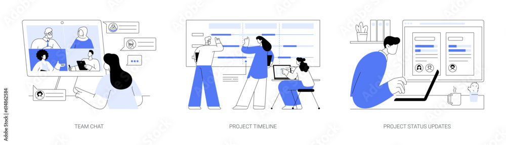 Sticker project management tools abstract concept vector illustrations.