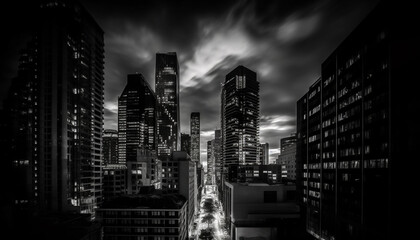 Modern skyscrapers illuminate the black and white cityscape at night generated by AI