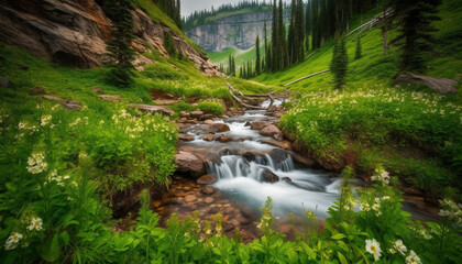 The majestic mountain range showcases natural beauty in Alberta wilderness generated by AI