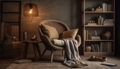 Cozy loft apartment with modern bookshelf, rustic cushion, and illuminated lantern generated by AI