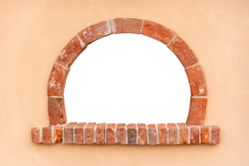 Antique brick arch window on plastered wall. Elements of architectural decoration Red brick frame. Copy space...