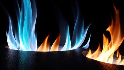 Blue flames of a gas stove on a black background. close-up. abstract illustration