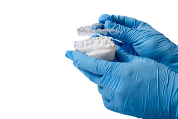 Orthodontic dental theme on blue background.Transparent invisible dental aligners or braces aplicable for an orthodontic dental treatment