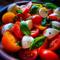 Caprese Salad highlighting the texture of the mozzarella cheese and the vibrant colors of the tomatoes and basil