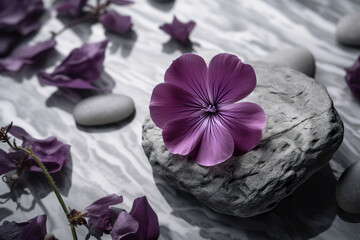 Beautiful purple flower sticking out between rocks on the surface. Purple violet flower grow among large stones. Realistic 3D illustration. Generative AI