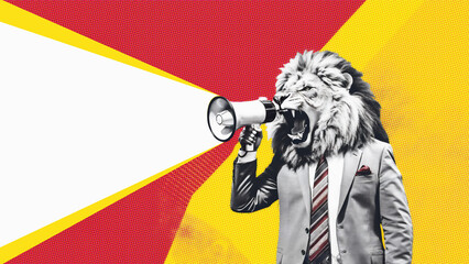 Art collage. A lion with a megaphone. Promotion, action, ad, job questions, discussion. Vacancy. Business concept, communication, information, news, boss, team media relations. Partial Generative AI. - obrazy, fototapety, plakaty