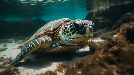 Obraz premium Sea turtle in the sea. Generative AI