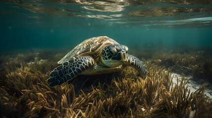 Obraz premium Sea turtle in the sea. Generative AI