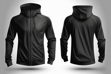 Black women's sports jacket, front and back view. Training mockup of a black sports windproof jacket on a light background. Created with generative Ai technology