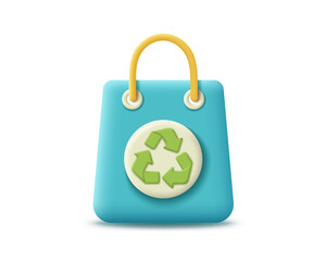 3d eco bag with recycling sign vector icon. Render green bag for eco-friendly, global warming, recycle, organic and bio concept. 3d rendering realistic plastic bag cartoon illustration