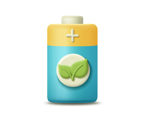 3d battery eco energy with green leaf icon. Render 3d battery icon for eco-friendly, green, clean, environmental alternative energy concept. 3d rendering realistic plastic battery cartoon illustration