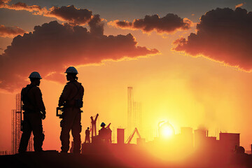 Fototapeta premium engineer silhouettes wear a helmet at construction site with crane background and sunset, ai generative