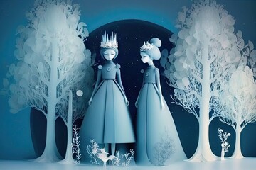 Snow queen and princess in winter forest