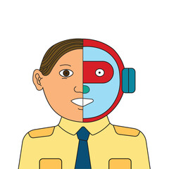 A cyborg face in office worker uniform talking with artificial intelligence technology. Robot replacing human worker. Futuristic concept.
