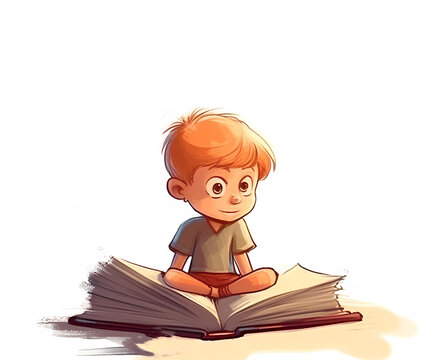 open big enormous giant book and preschooler kid boy or girl sitting in front.magic light from book pages.back to school learning and education concept generative ai images cartoon or realistic style