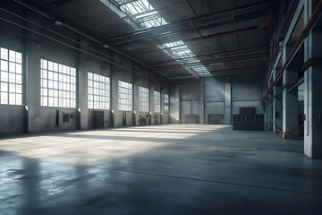 Modern empty warehouse. Generative AI