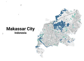 Makassar map. Detailed map of Makassar city administrative area. Cityscape panorama illustration. Road map with highways, streets, rivers.