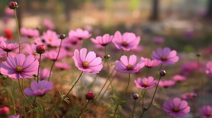 Fototapeta premium Pink wildflowers at sunrise