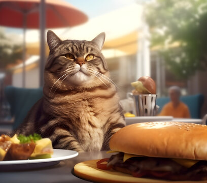 fat angry cat sitting with junk food in front,hamburger fried potatoes.upset big overweight kitty in gym,fitness sport concept,running pet generative ai image,realistic or cartoon style
