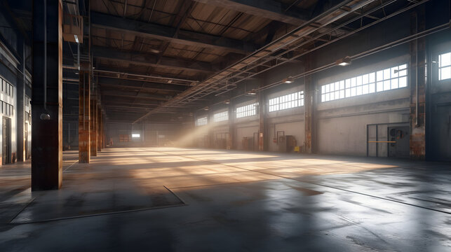 Modern empty warehouse. Generative AI