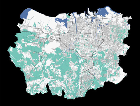Palembang map. Detailed map of Palembang city administrative area. Cityscape panorama illustration. Road map with highways, streets, rivers.