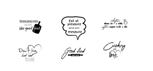 Set healthy food and eating lettering quotes for posters, decoration, prints, t-shirt design. Hand drawn typography. Handwritten kitchen or cafe slogans. Modern brush calligraphy.
