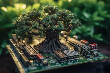 bonsai growing on computer motherboard IA generativa