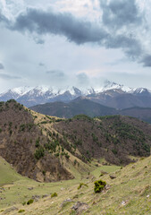 Ingushetia, Russia. Aerial beautiful summer landscape of Caucasus mountain. Travel nature panorama
