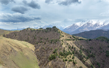 Ingushetia, Russia. Aerial beautiful summer landscape of Caucasus mountain. Travel nature panorama