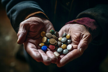 Medicine pills in old hands. - 614864989