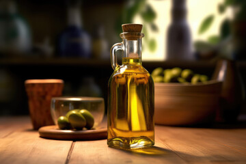 Fototapeta na wymiar Olive oil on a wooden table. Generative AI technology.