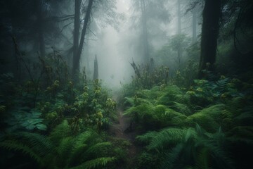 A verdant woodland shrouded in mist. Generative AI