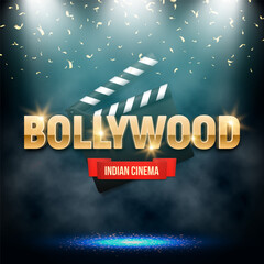 Bollywood indian cinema. Movie banner or poster with clapperboard illuminated by spotlights. Vector illustration.