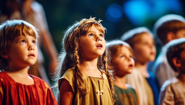 Group Of School Children Singing In Choir Together or perform a musical. Cute kids singing in a music class or dancing on stage