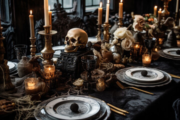 Fototapeta na wymiar Gothic table setting for Halloween. Candles, skulls, and black dishes. Generative Ai.