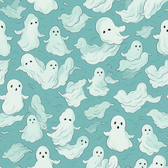Halloween ghost seamless pattern. Cute spooky ghosts on light blue background. Generative Ai.