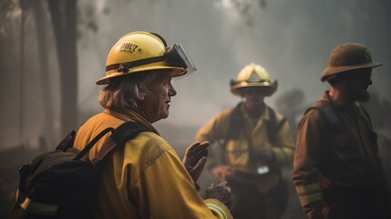 Obraz premium Firefighters discussing the strategy of putting out the forest fire