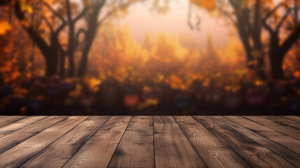 Naklejka na ściany i meble Beautiful empty brown wooden table top and blurred orange autumn forest background. Product montage display. Generative Ai.