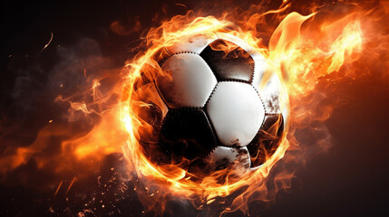Fototapeta premium Soccer ball on fire on a dark background. AI generation