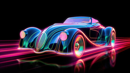 Retro car in a bright neon style on a dark background. AI generation