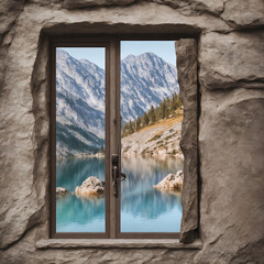 Stone window view, lake and mountains, generated by AI