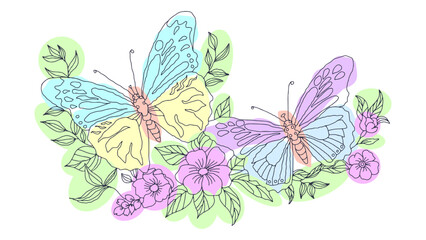 Two butterflies flying in flowers simple line drawing.