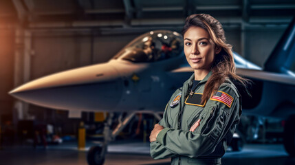 Military fighter jet woman pilot portrait, copyspace. Generative AI