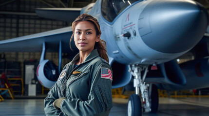 Military fighter jet woman pilot portrait. Generative AI - obrazy, fototapety, plakaty