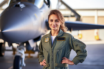 Military fighter jet woman pilot portrait. Generative AI