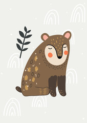 Vector cute illustration with bear. Scandinavian minimalistic  style, cute elements, neutral colors. - 614867946
