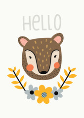Vector cute illustration with bear. Scandinavian minimalistic  style, cute elements, neutral colors. - 614867947