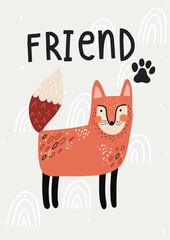 Vector cute fox illustration, poster for kids, scandinavian style - 614867950
