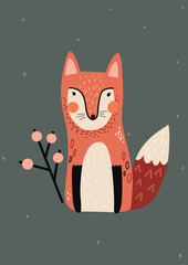 Vector cute fox illustration, poster for kids, scandinavian style - 614867959